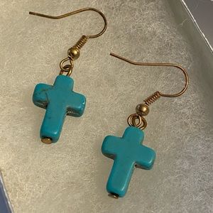 Turquoise Brass Cross Dangle Earrings